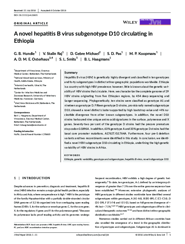 (PDF) A novel hepatitis B virus subgenotype D10 circulating in Ethiopia