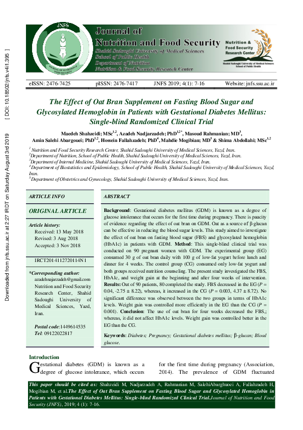 (PDF) The effect of oat bran consumption on gestational diabetes a