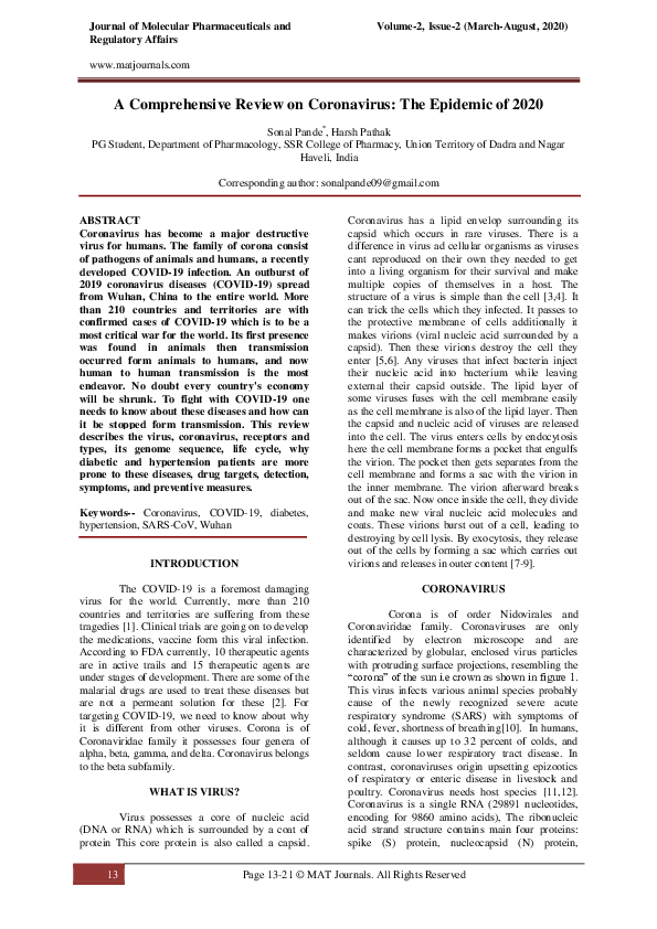 (PDF) A Comprehensive Review on Coronavirus: The Epidemic of 2020