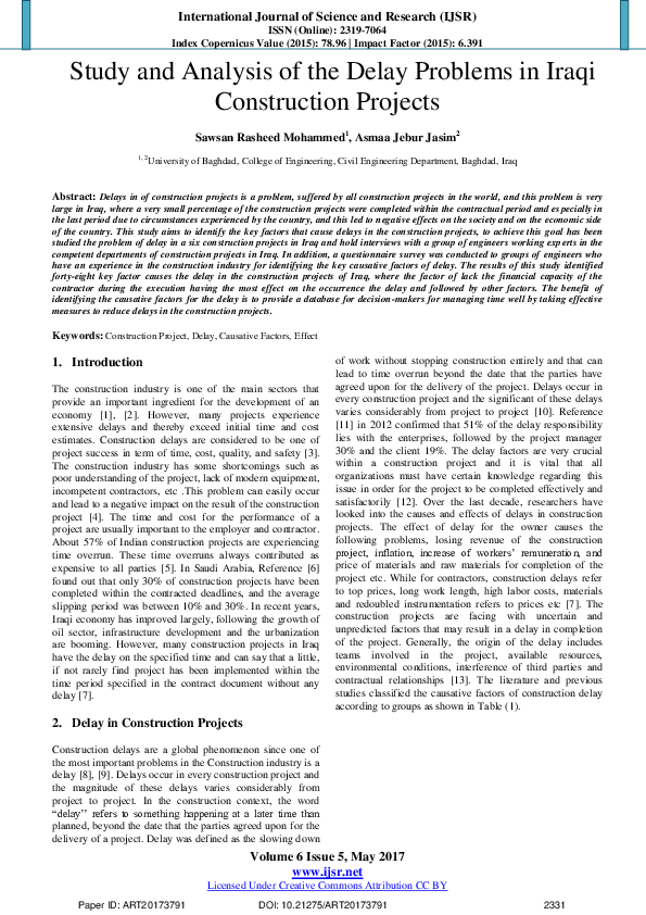 (PDF) Study and Analysis of the Delay Problems in Iraqi Construction ...