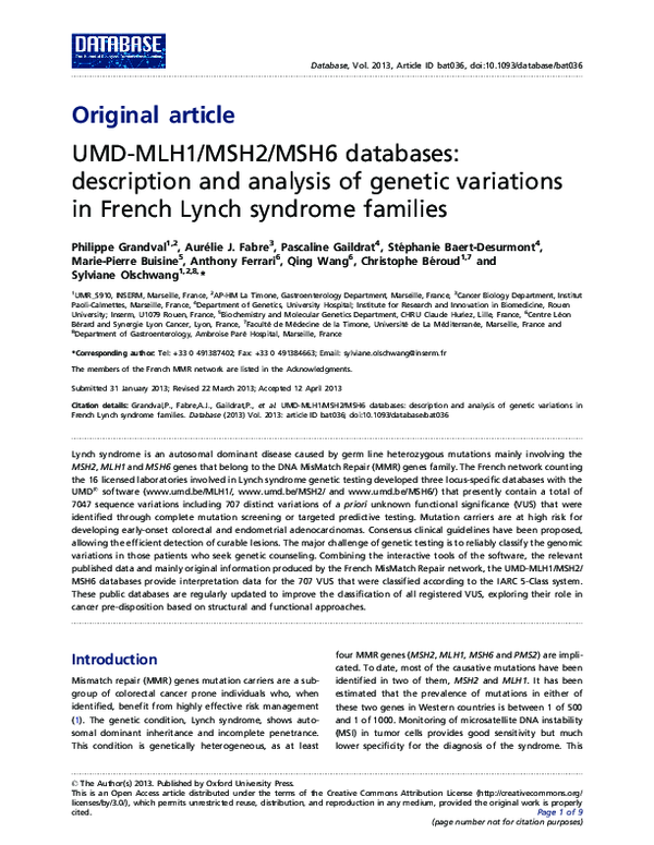 (PDF) UMD-MLH1/MSH2/MSH6 databases: description and analysis of genetic ...