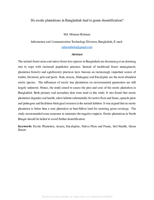 (PDF) Do exotic plantations in Bangladesh lead to green desertification