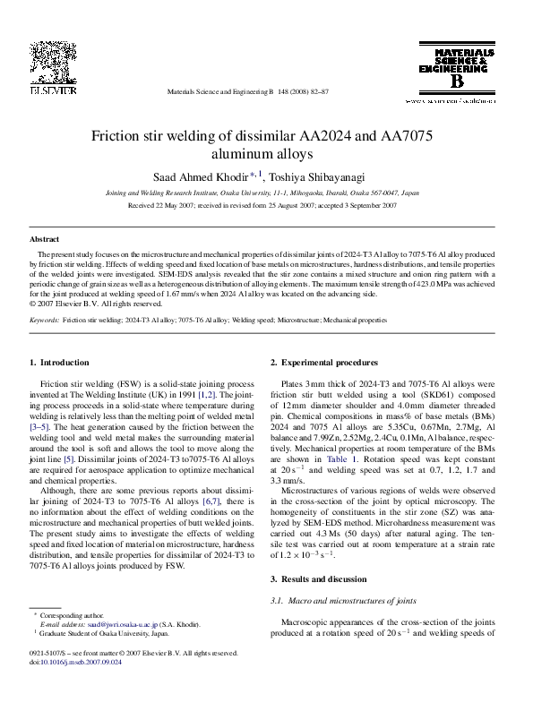(PDF) Friction stir welding of dissimilar AA2024 and AA7075 aluminum alloys