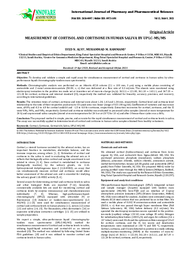 (PDF) MEASUREMENT OF CORTISOL AND CORTISONE IN HUMAN SALIVA BY UPLC-MS ...