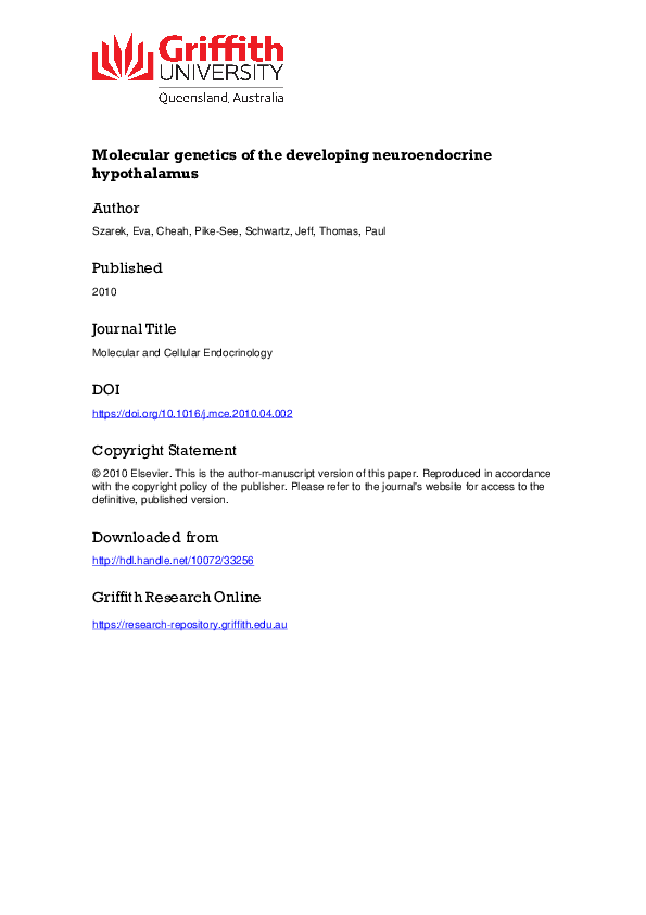 (PDF) Molecular genetics of the developing neuroendocrine hypothalamus
