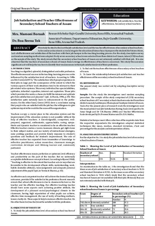 (PDF) Job Satisfaction and Teacher Effectiveness of Secondary School ...