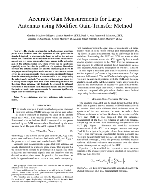 (PDF) Accurate Gain Measurements for Large Antennas Using Modified GainTransfer Method Johan