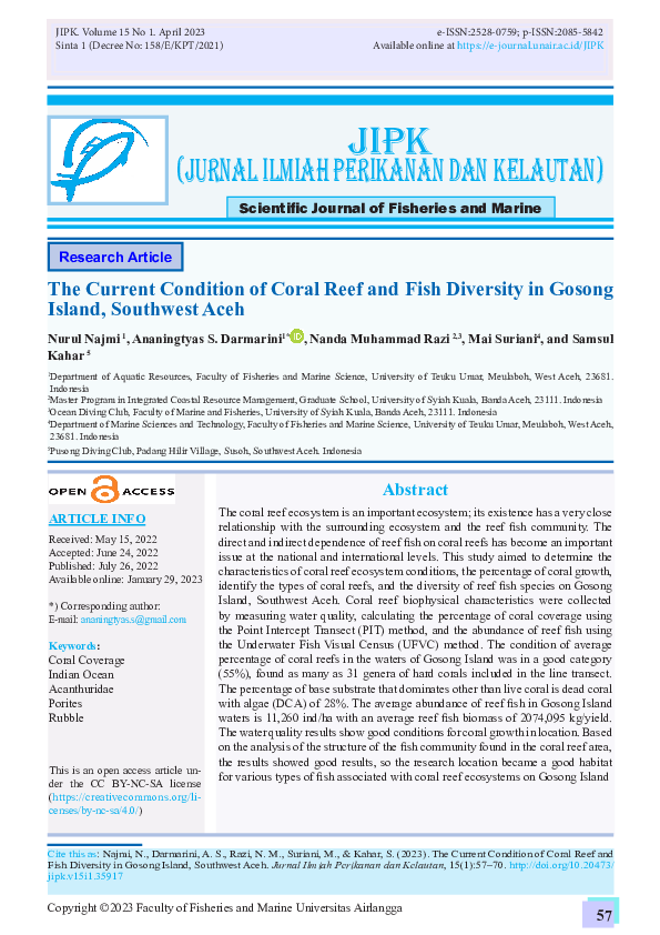 (PDF) The Current Condition of Coral Reef and Fish Diversity in Gosong ...