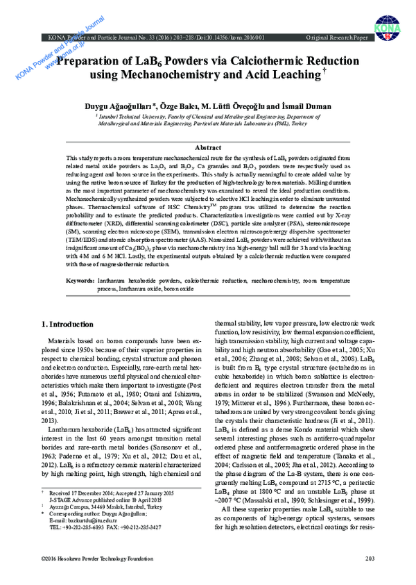 (PDF) Preparation of LaB6 Powders via Calciothermic Reduction using ...