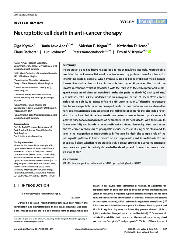 (PDF) Necroptotic cell death in anti-cancer therapy