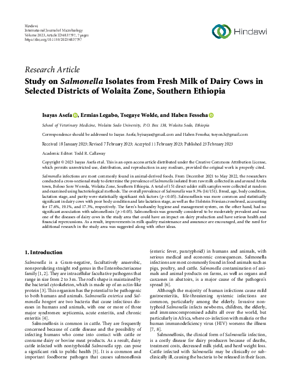 (PDF) Study on Salmonella Isolates from Fresh Milk of Dairy Cows in ...