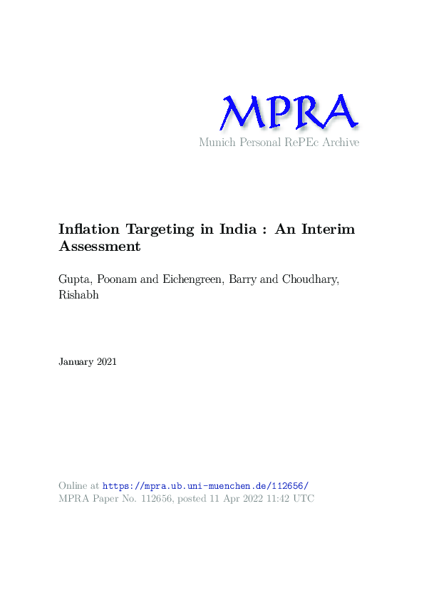 (PDF) Inflation Targeting in India : An Interim Assessment