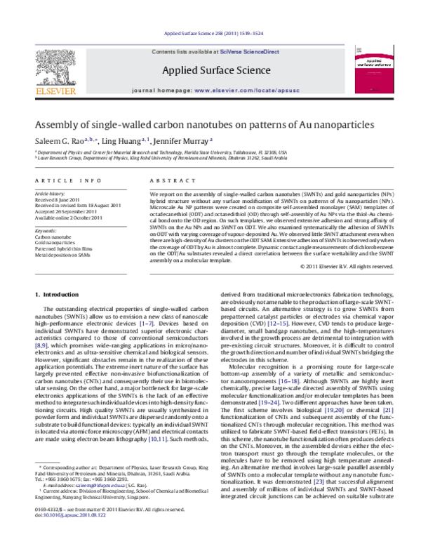 (PDF) Assembly of single-walled carbon nanotubes on patterns of Au ...
