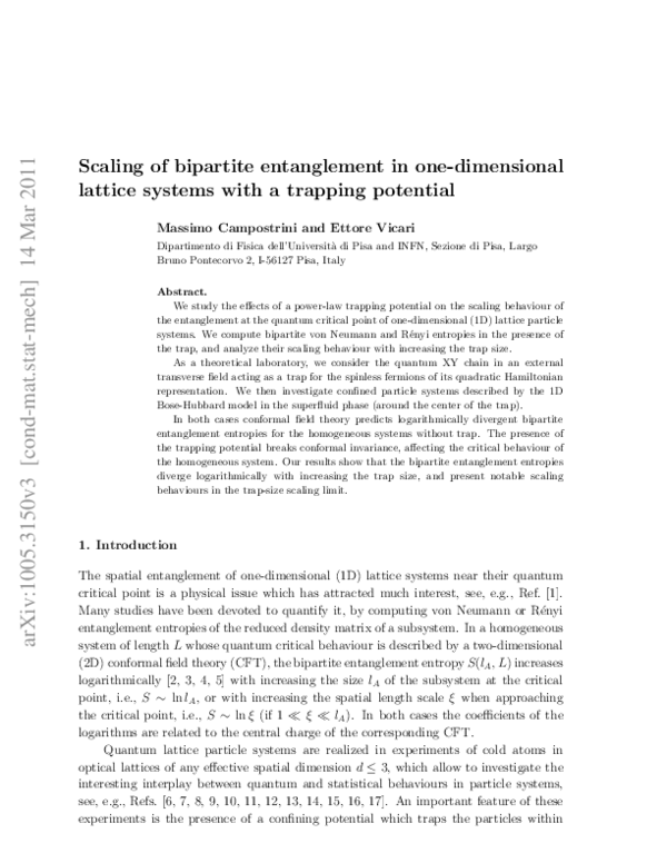 (PDF) Scaling of bipartite entanglement in one-dimensional lattice ...