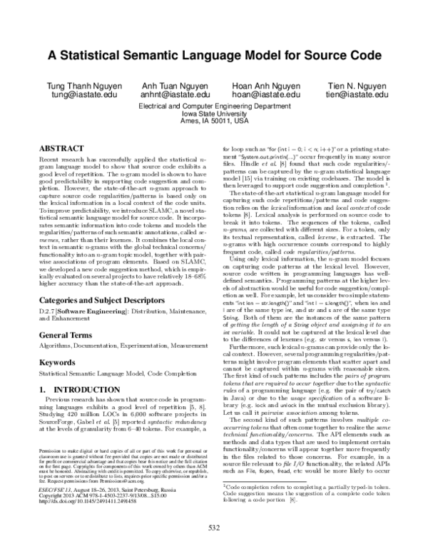 (PDF) A statistical semantic language model for source code