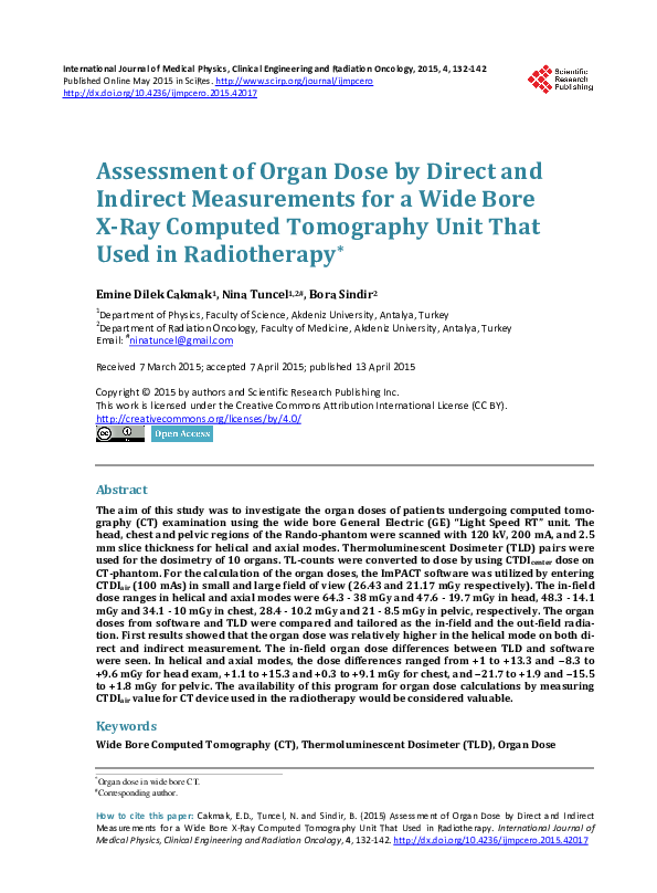 (PDF) Assessment of Organ Dose by Direct and Indirect Measurements for ...