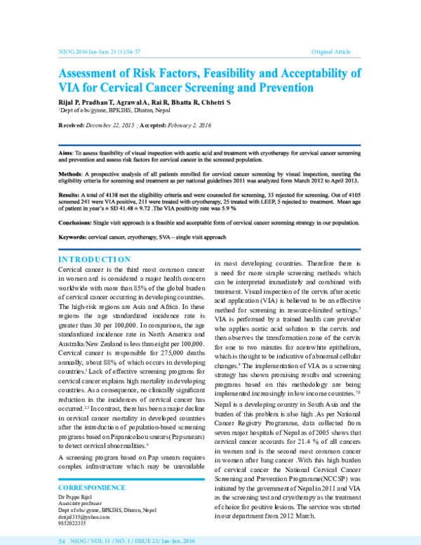 (PDF) Assessment of Risk Factors, Feasibility and Acceptability of VIA ...