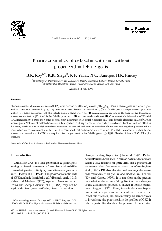 (PDF) Pharmacokinetics of cefazolin with and without probenecid in ...