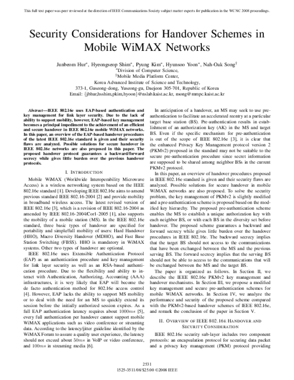 (PDF) Security Considerations for Handover Schemes in Mobile WiMAX Networks - Wimax Handover Failure Causes And Consequences