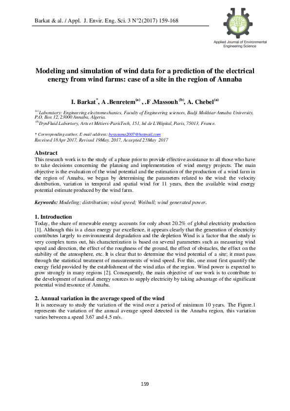 (PDF) Modeling and simulation of wind data for a prediction of the ...