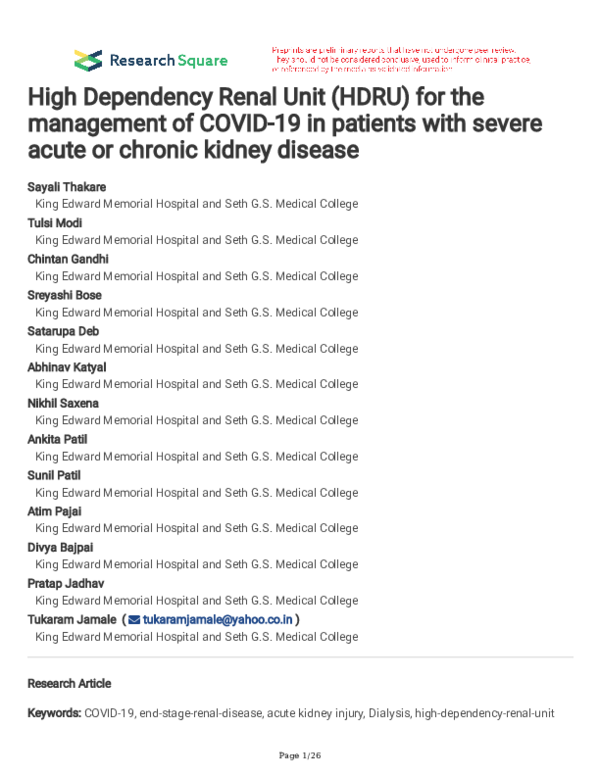 (PDF) High Dependency Renal Unit (HDRU) for the management of COVID-19 ...