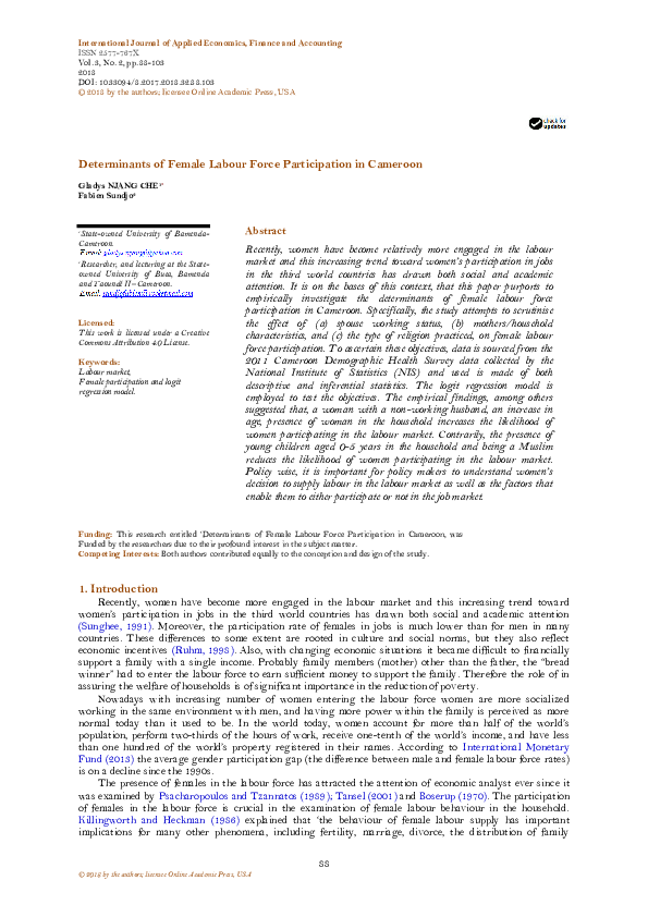 (PDF) Determinants of Female Labour Force Participation in Cameroon