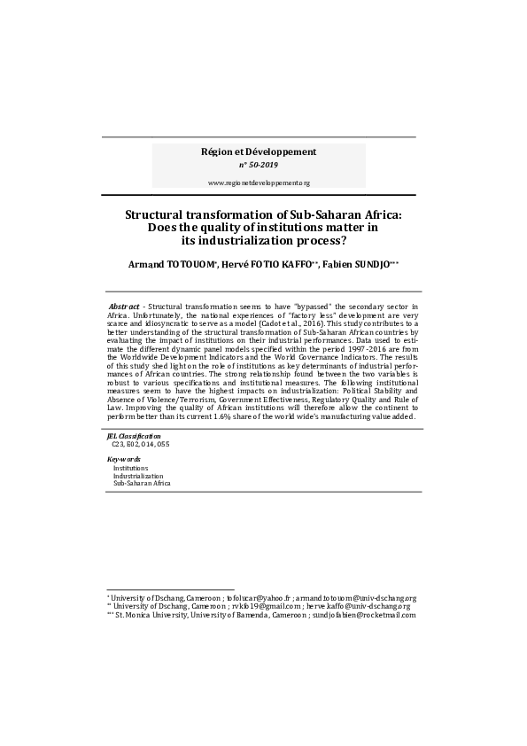 (PDF) Structural transformation of SubSaharan Africa Does the quality