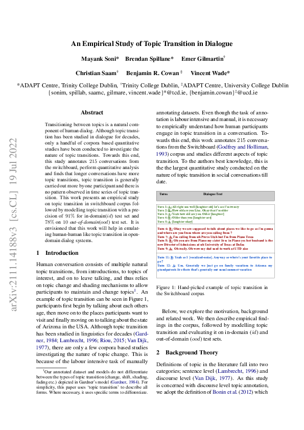 (PDF) An Empirical Study of Topic Transition in Dialogue
