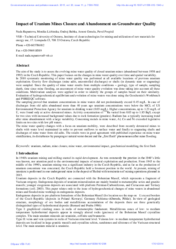 (PDF) Impact of uranium mines closure and abandonment on groundwater ...