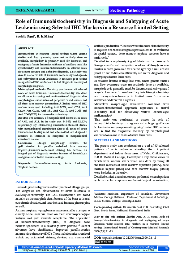(PDF) Role of Immunohistochemistry in Diagnosis and Subtyping of Acute ...
