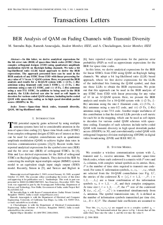 (PDF) BER analysis of QAM on fading channels with transmit diversity