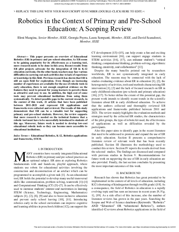 (PDF) Robotics in the Context of Primary and Pre-School Education: A ...
