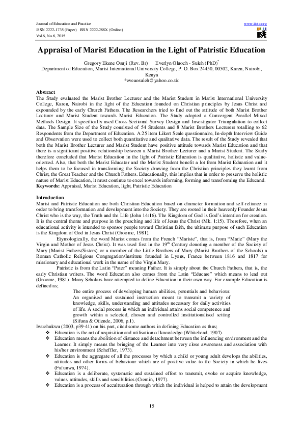 (PDF) Appraisal of Marist Education in the Light of Patristic Education