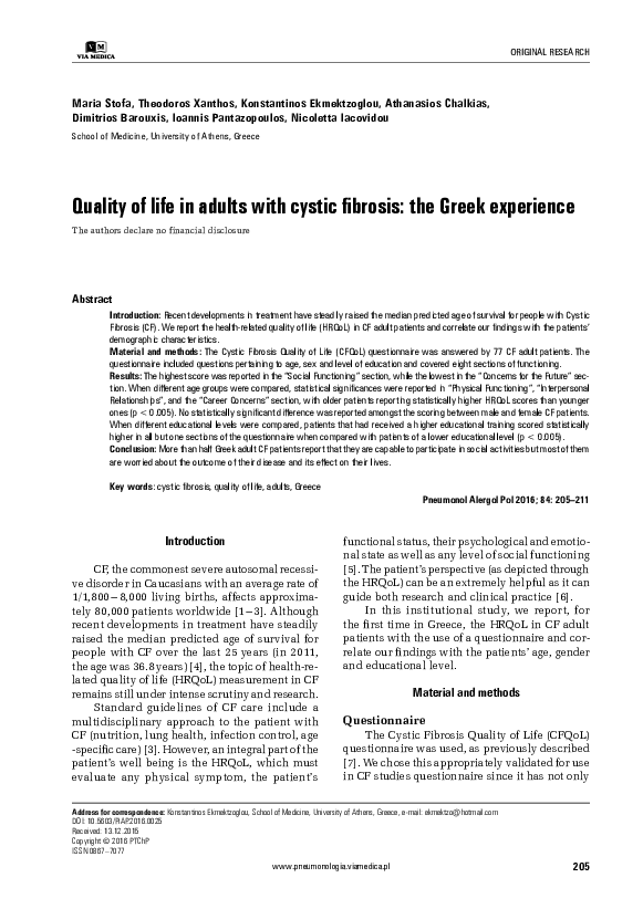 (PDF) Quality of Life in Adults with Cystic Fibrosis: The Greek Experience