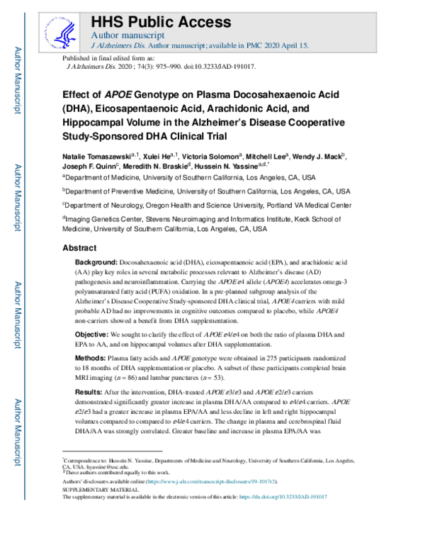 (PDF) Effect of APOE Genotype on Plasma Docosahexaenoic Acid (DHA ...