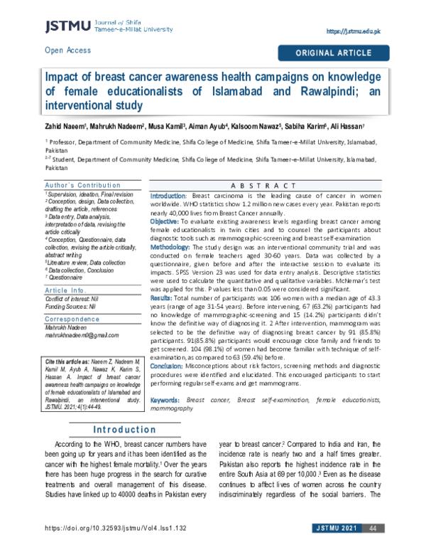 (PDF) Impact of breast cancer awareness health campaigns on knowledge ...