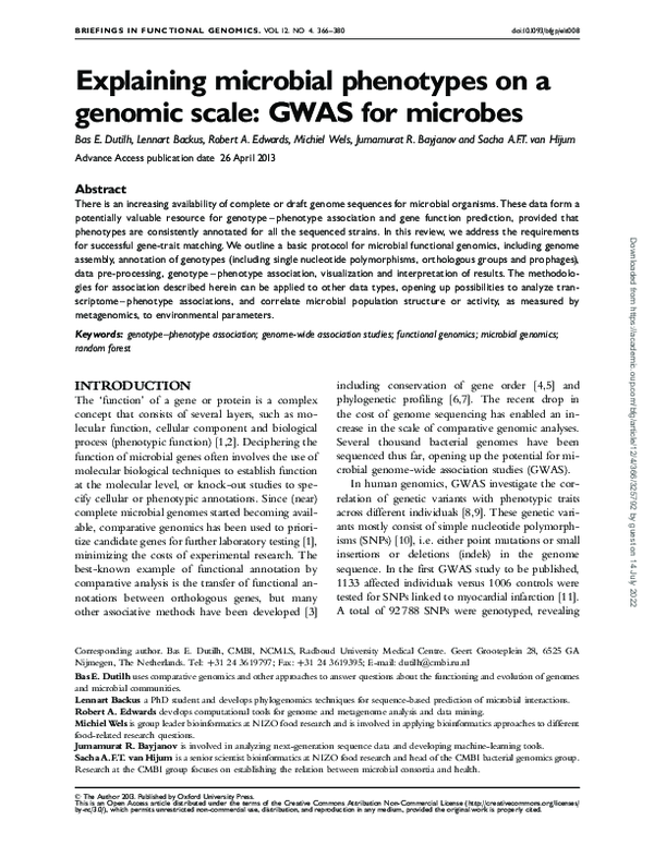 (PDF) Explaining microbial phenotypes on a genomic scale: Gwas for microbes