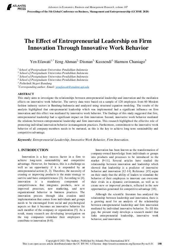 (PDF) The Effect of Entrepreneurial Leadership on Firm Innovation ...
