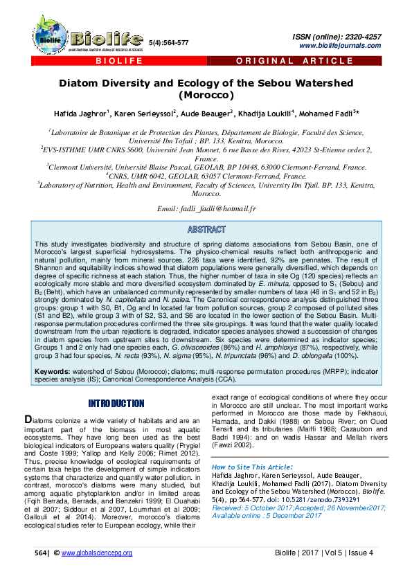 (PDF) Diatom Diversity and Ecology of the Sebou Watershed (Morocco)
