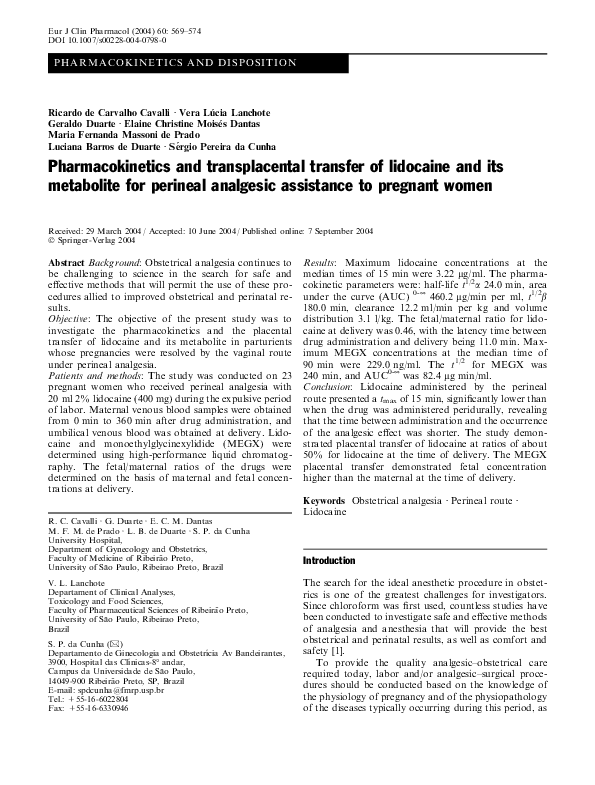 (PDF) and transplacental transfer of lidocaine and its