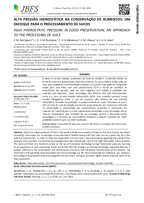 (PDF) High hydrostatic pressure in food preservation: an approach to ...