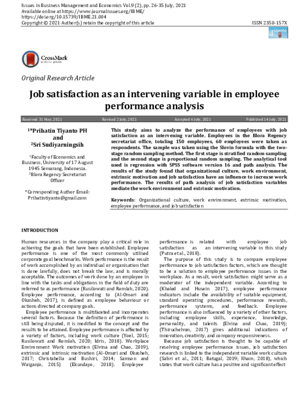 (PDF) Job Satisfaction as an Intervening Variable in Employee ...