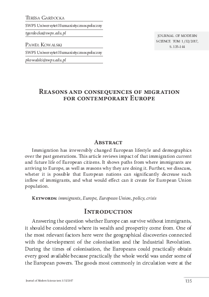 (PDF) Reasons and consequences of migration for contemporary Europe