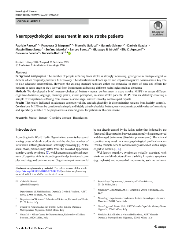 (PDF) Neuropsychological assessment in acute stroke patients