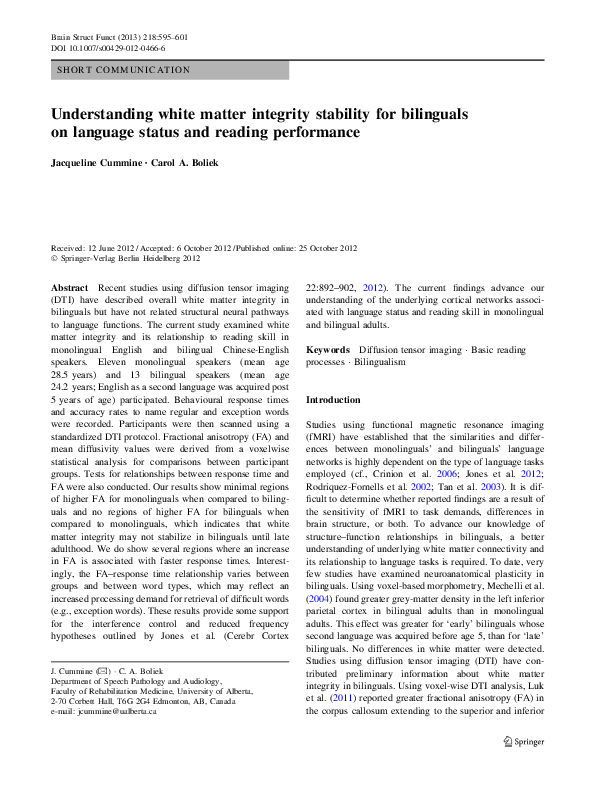(PDF) Understanding white matter integrity stability for bilinguals on ...