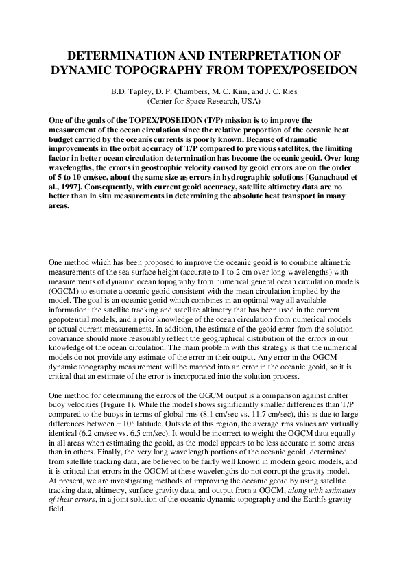 (PDF) Determination and Interpretation of Dynamic Topography from Topex ...