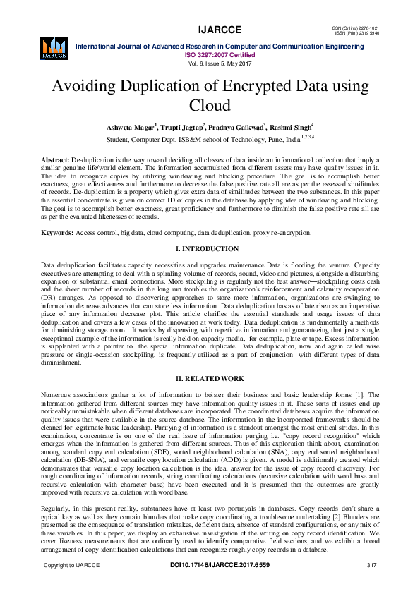(PDF) Avoiding Duplication of Encrypted Data using Cloud
