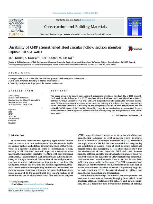 (PDF) Durability of CFRP strengthened steel circular hollow section ...