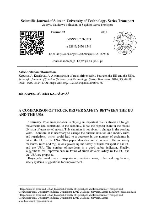 (PDF) A Comparison of Truck Driver Safety Between the Eu and the Usa