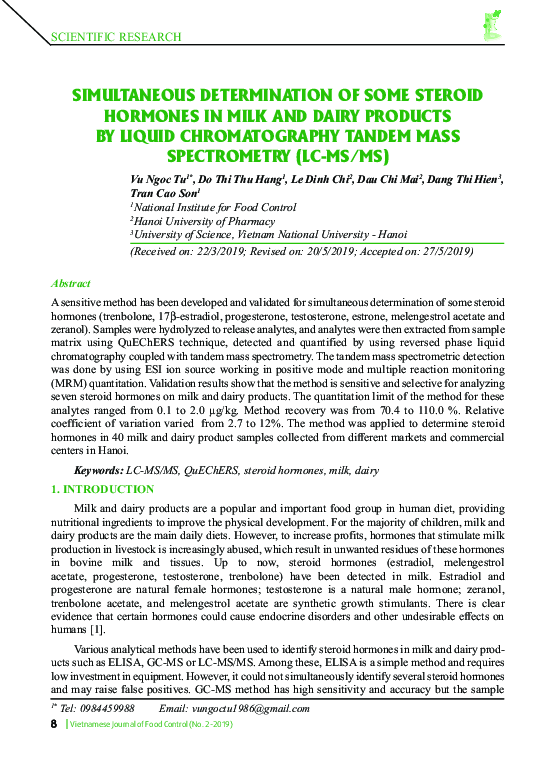 (PDF) Simultaneous determination of some steroid hormones in milk and ...